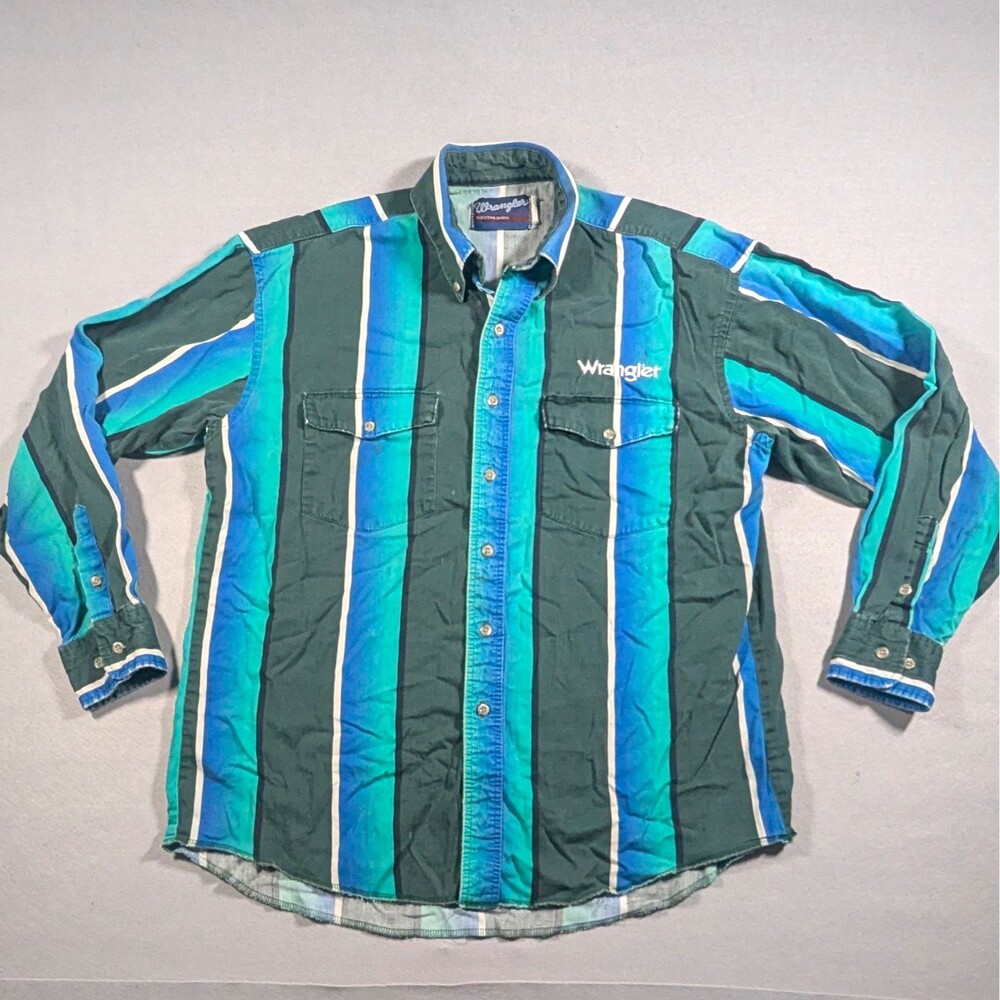Vintage 90's Wrangler Western Striped Brushpopper Button-Up green blue Shirt  L